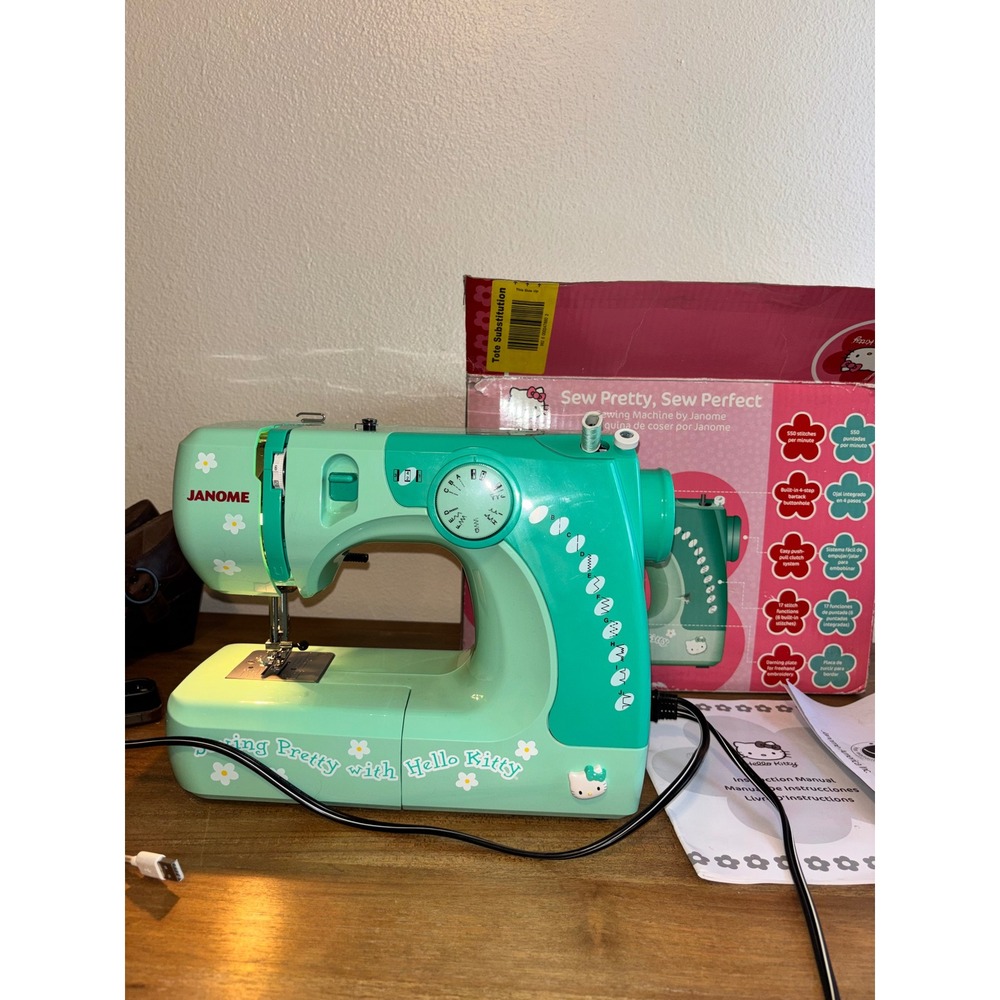 Janome Hello Kitty Mint Green Sewing Machine W/Foot Pedal Pre Owned - works